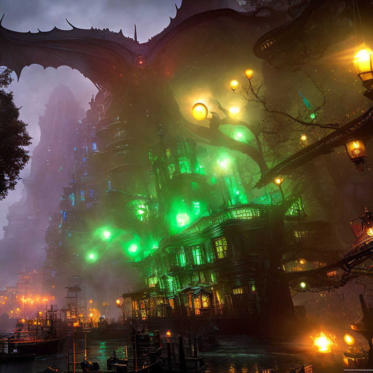 Mysterious gothic structure with eerie green lights and wing-like extensions in misty setting