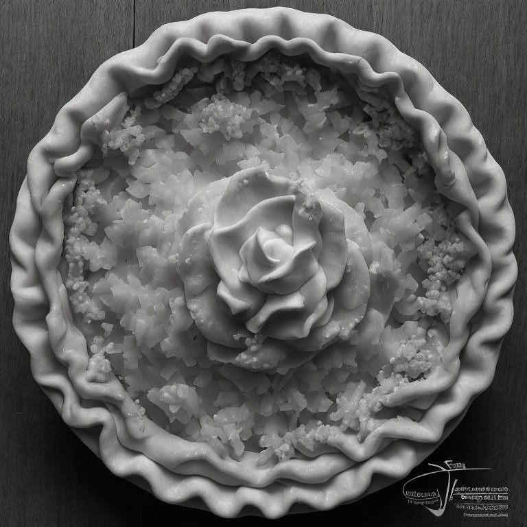 Monochrome pie image with rose decoration and textured filling