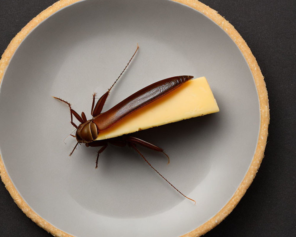 Cockroach and Cheese on Beige Plate against Black Background