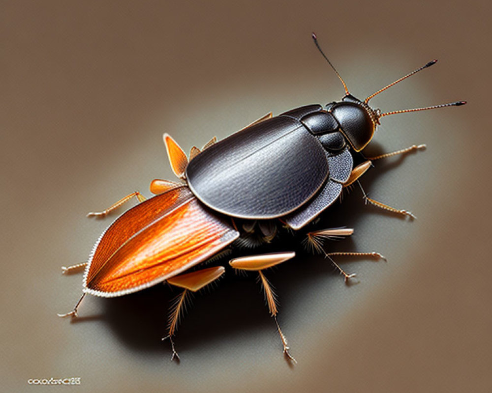 Realistic black and orange beetle illustration on brown background