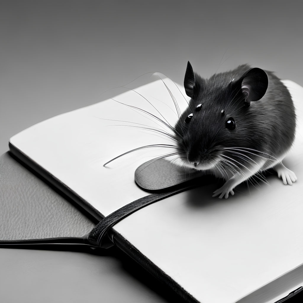 Monochrome image: Mouse coming out of notebook with mouse hole page