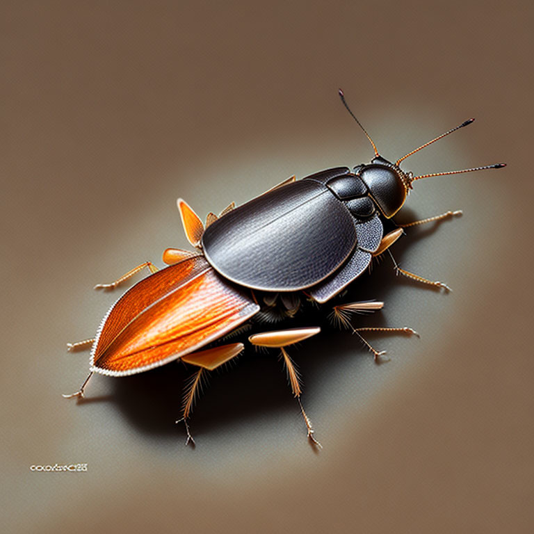 Realistic black and orange beetle illustration on brown background