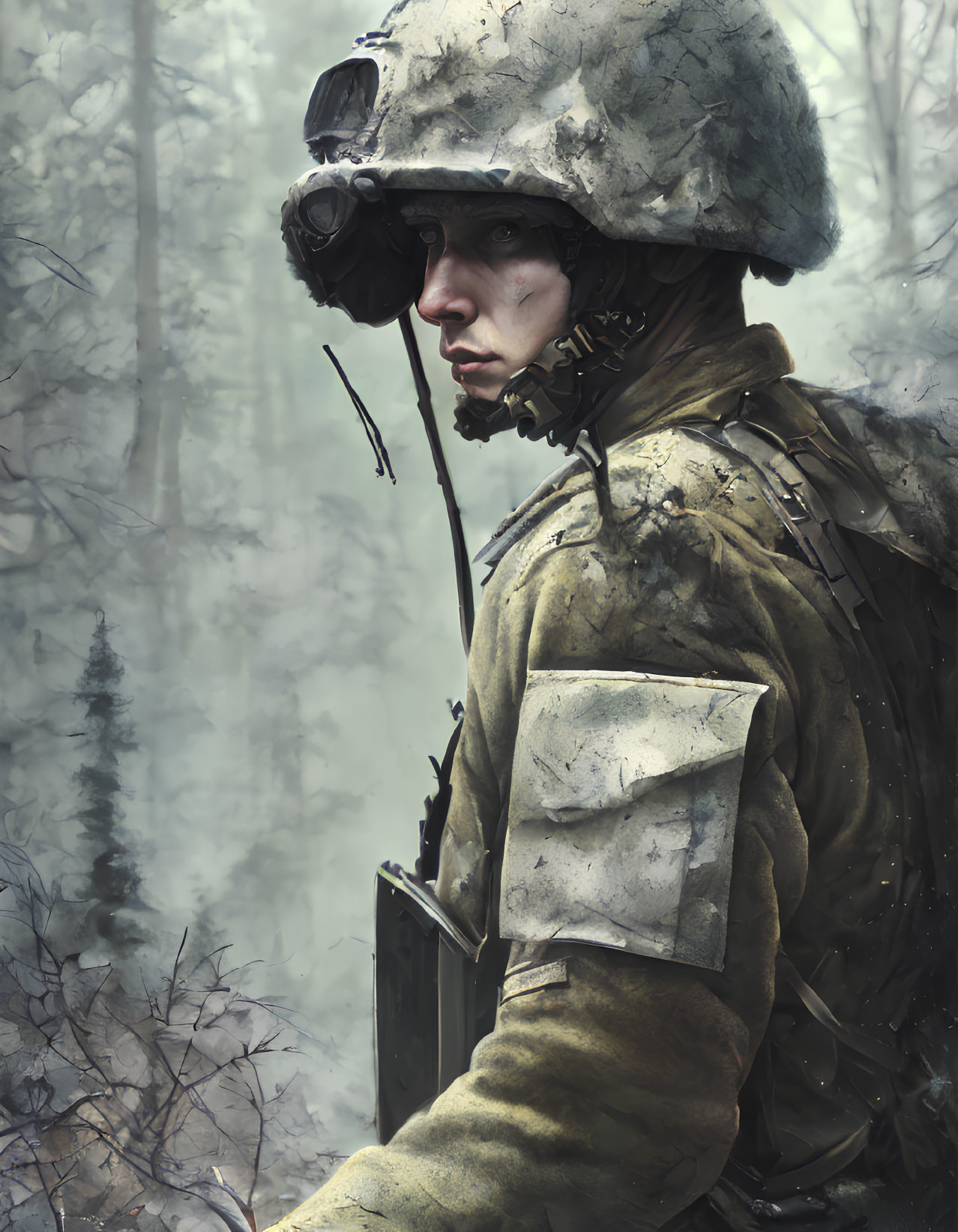 Military soldier in gear and helmet gazes through misty forest landscape