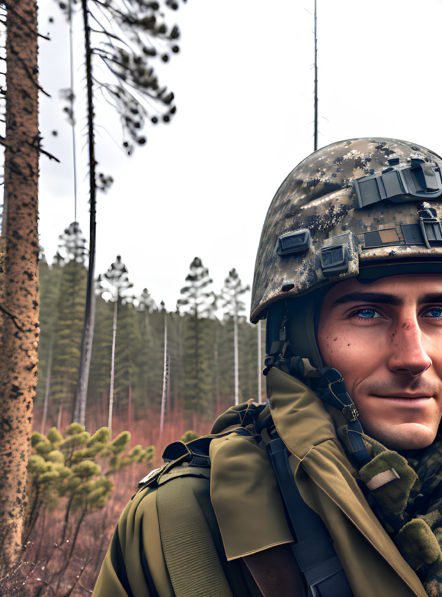 Smiling soldier in camouflage helmet in forest landscape