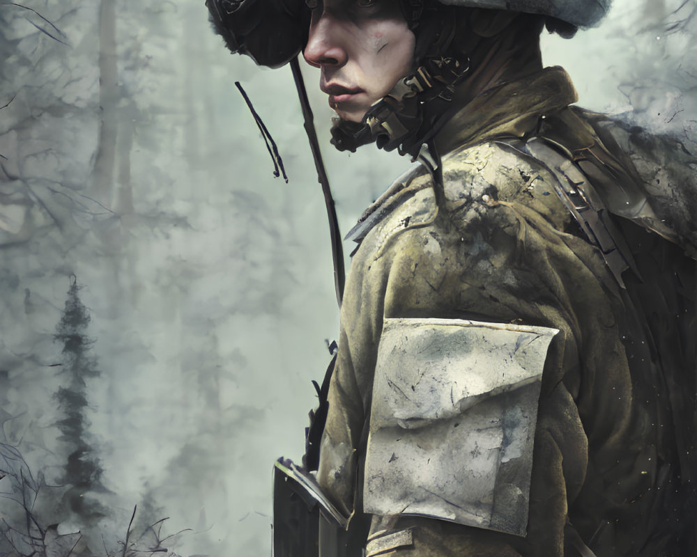 Military soldier in gear and helmet gazes through misty forest landscape