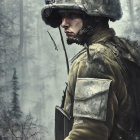 Military soldier in gear and helmet gazes through misty forest landscape