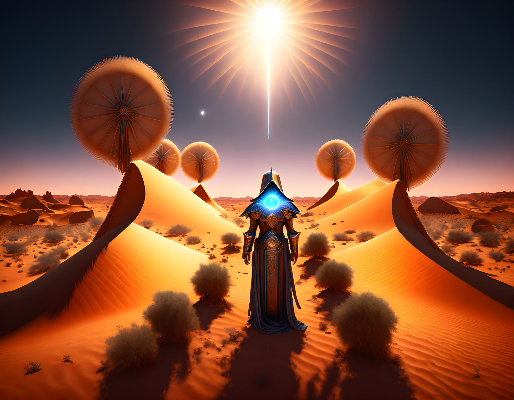 Robed figure with glowing blue eye in desert with dandelion-like structures