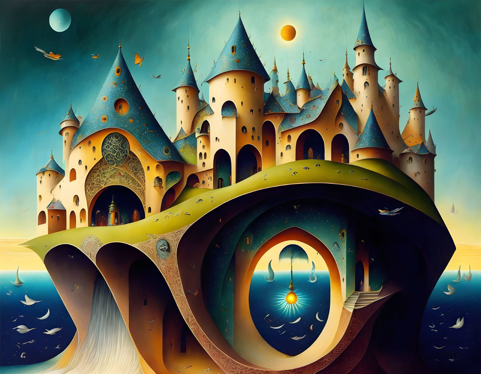 Fantastical castle with towers and domes under starry sky & surreal landscape.