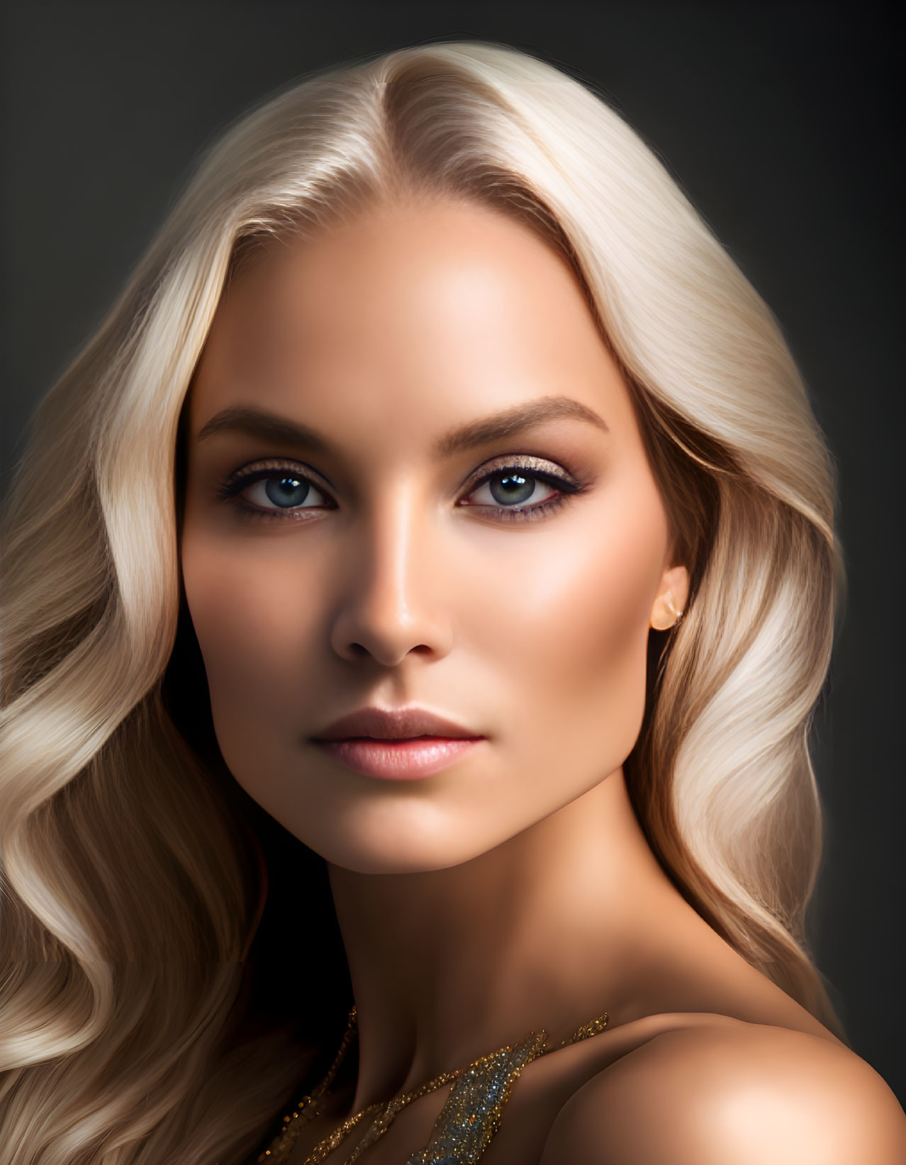 Blonde Woman Portrait with Blue Eyes and Dark Background