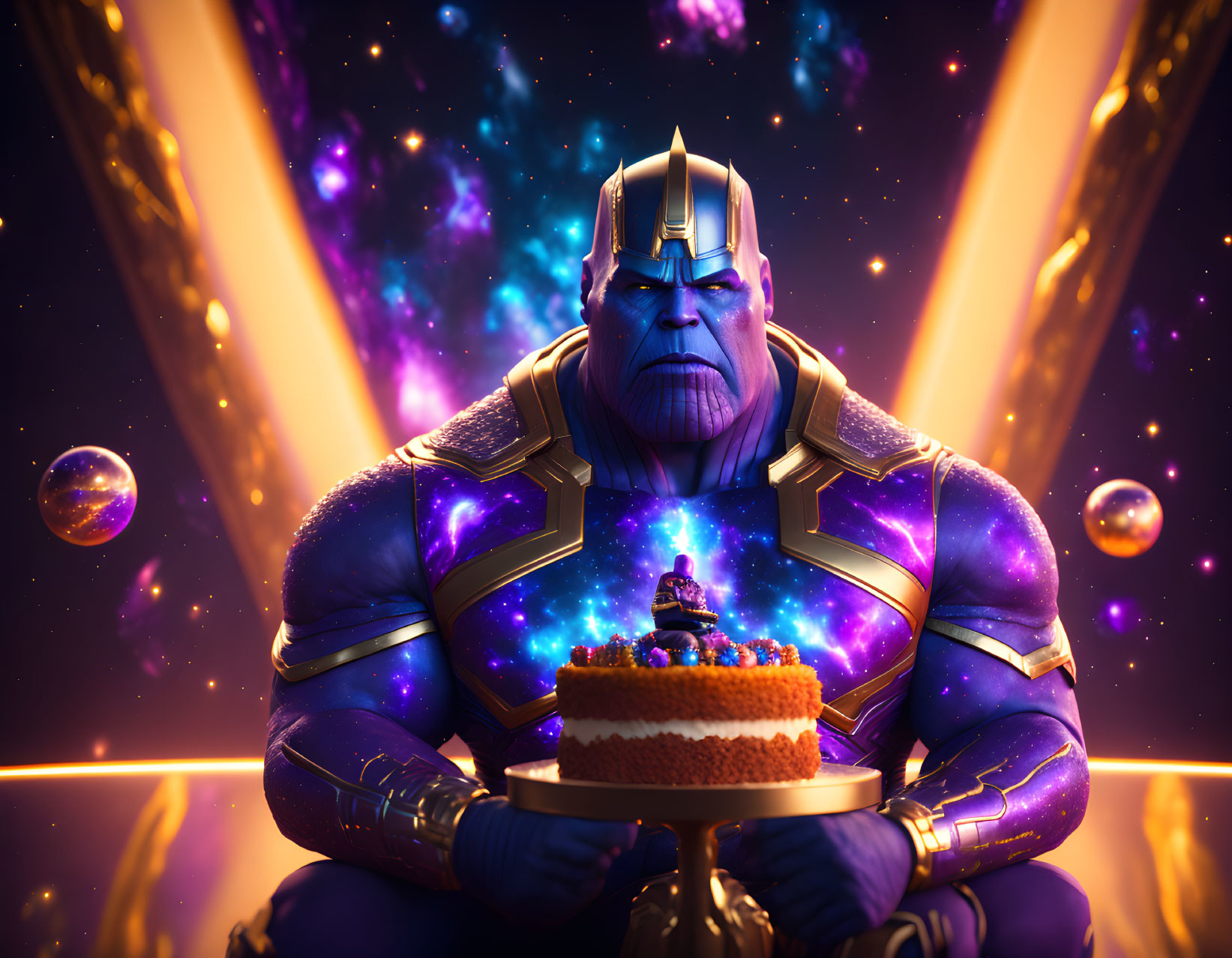 Digital Artwork: Thanos with Birthday Cake in Cosmic Setting