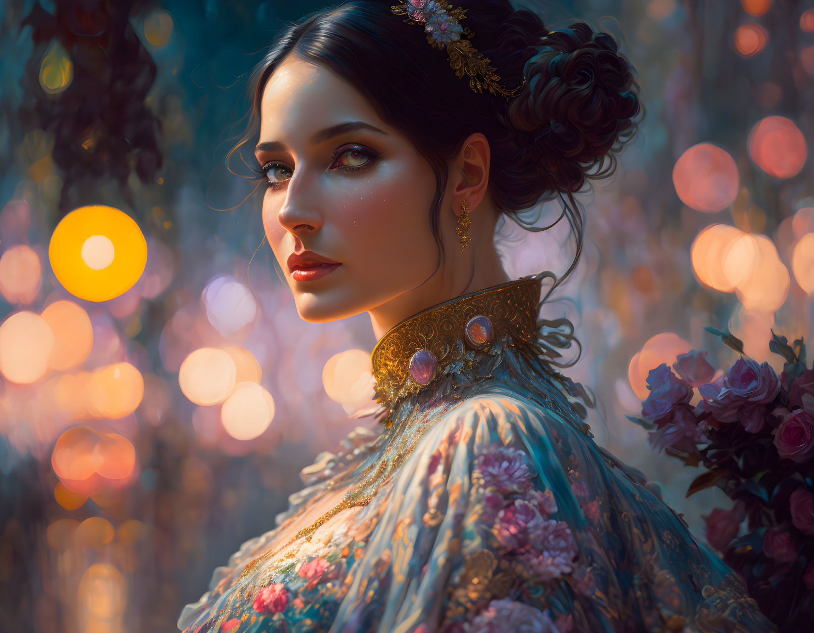 Vintage ornate dress woman with elaborate hairstyles in warm bokeh lights and flowers