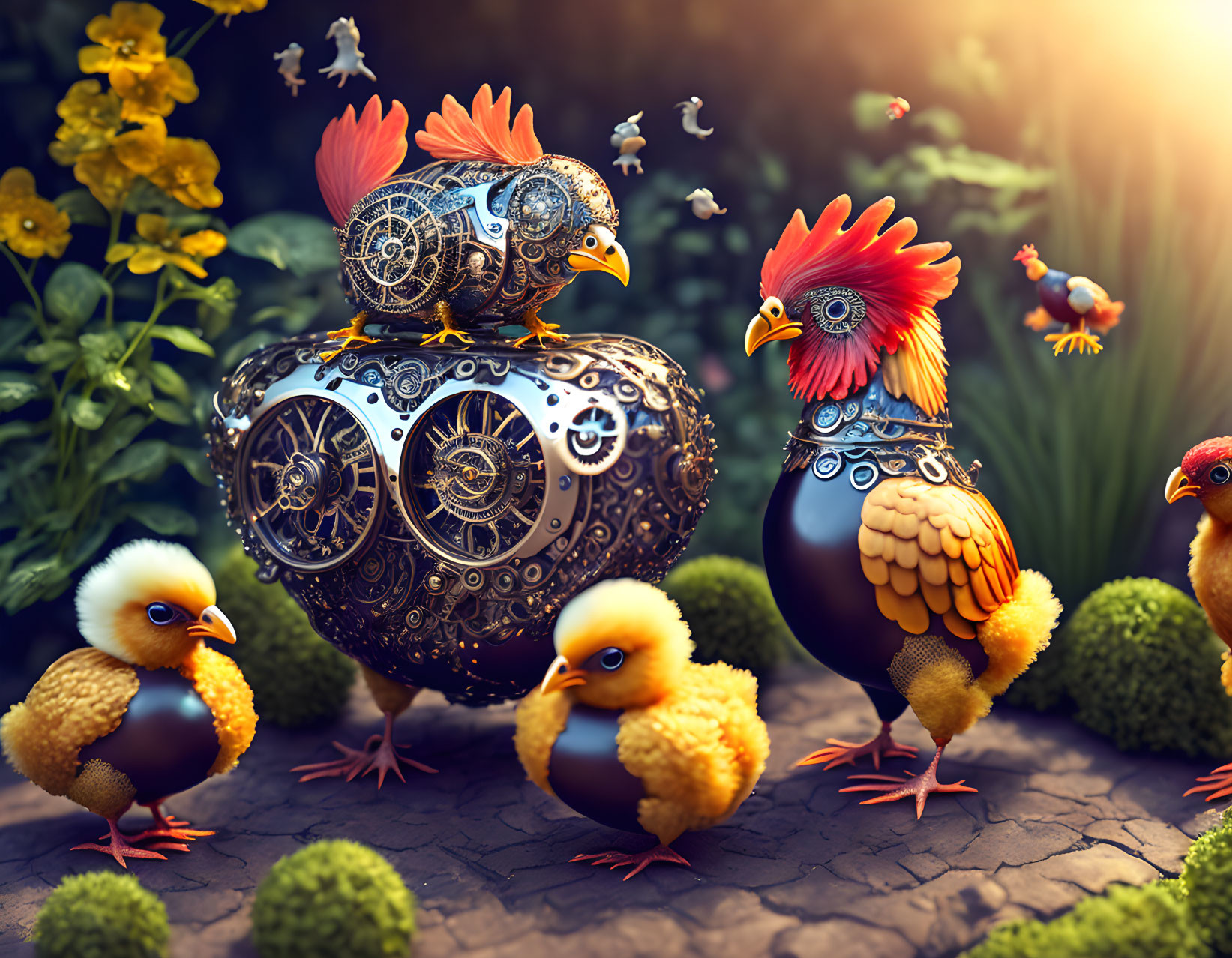 Steampunk-inspired robotic chickens and fluffy chicks in vibrant floral setting