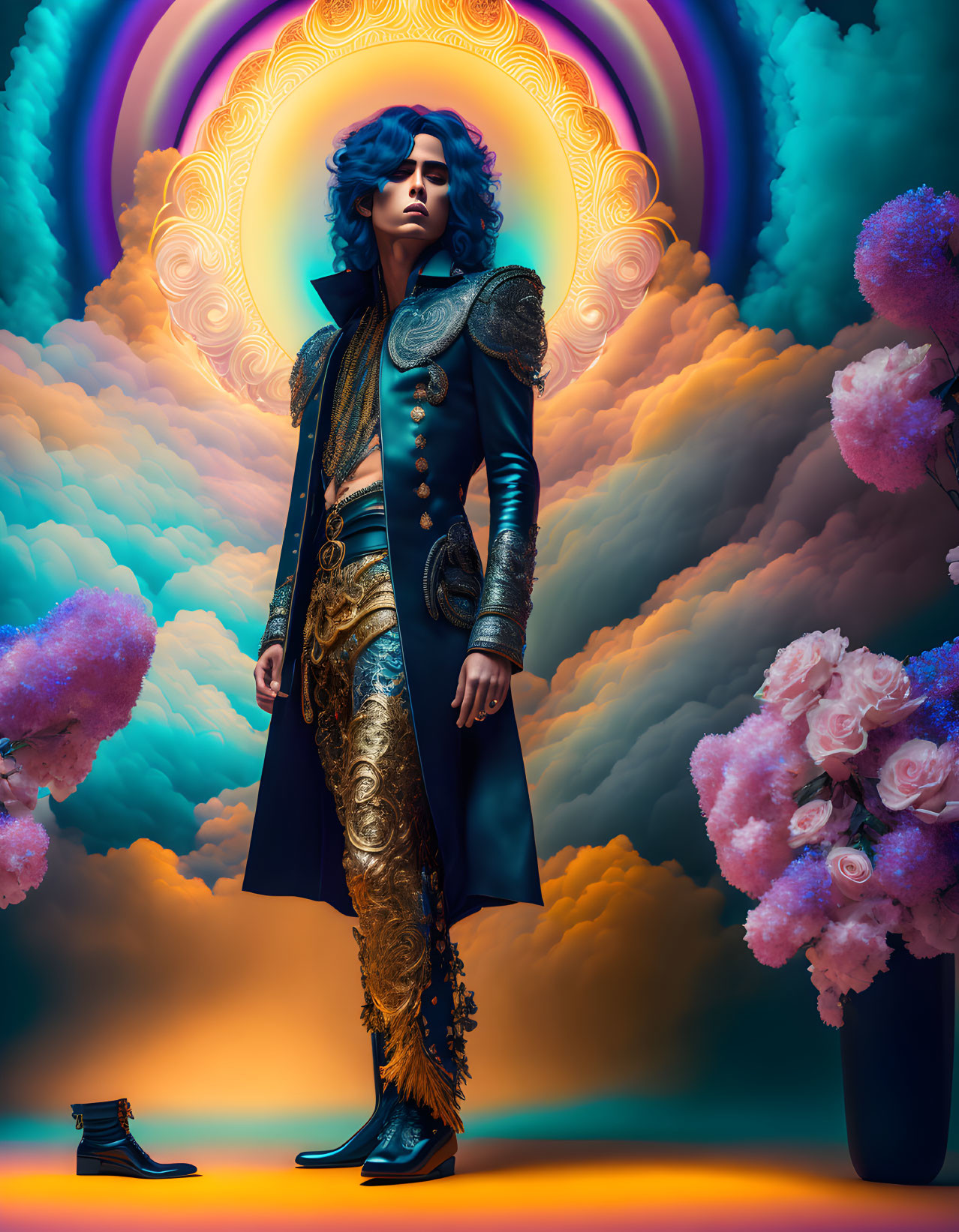 Blue-haired person in surreal scene with vibrant clouds and glowing rings, wearing ornate gold-trimmed