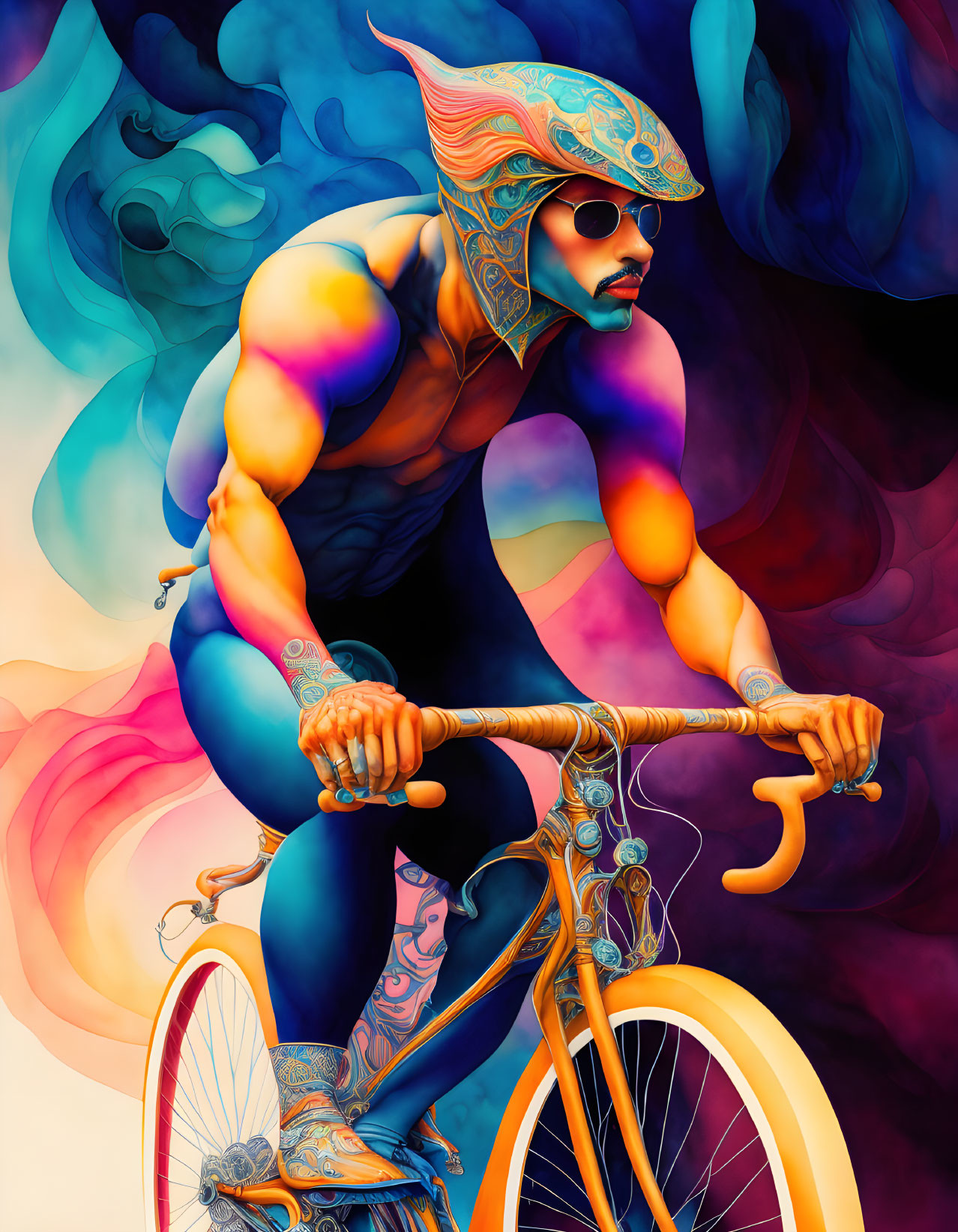 Colorful digital artwork: Cyclist with ornate helmet in swirling clouds