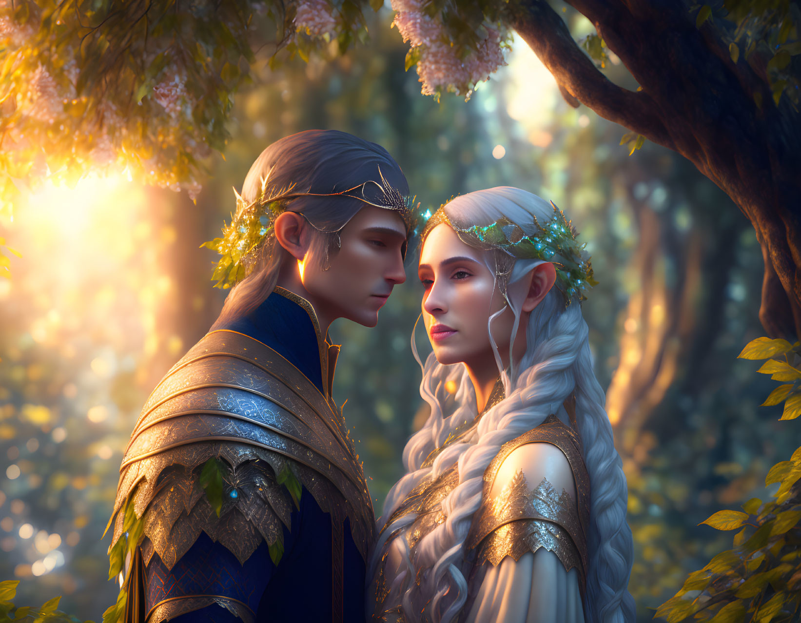 Fantasy art: Two elves in leaf crowns, one in armor, the other in a white