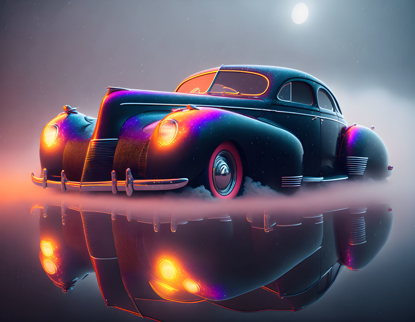 Vintage Car with Galaxy Paint Theme on Reflective Surface under Starry Sky