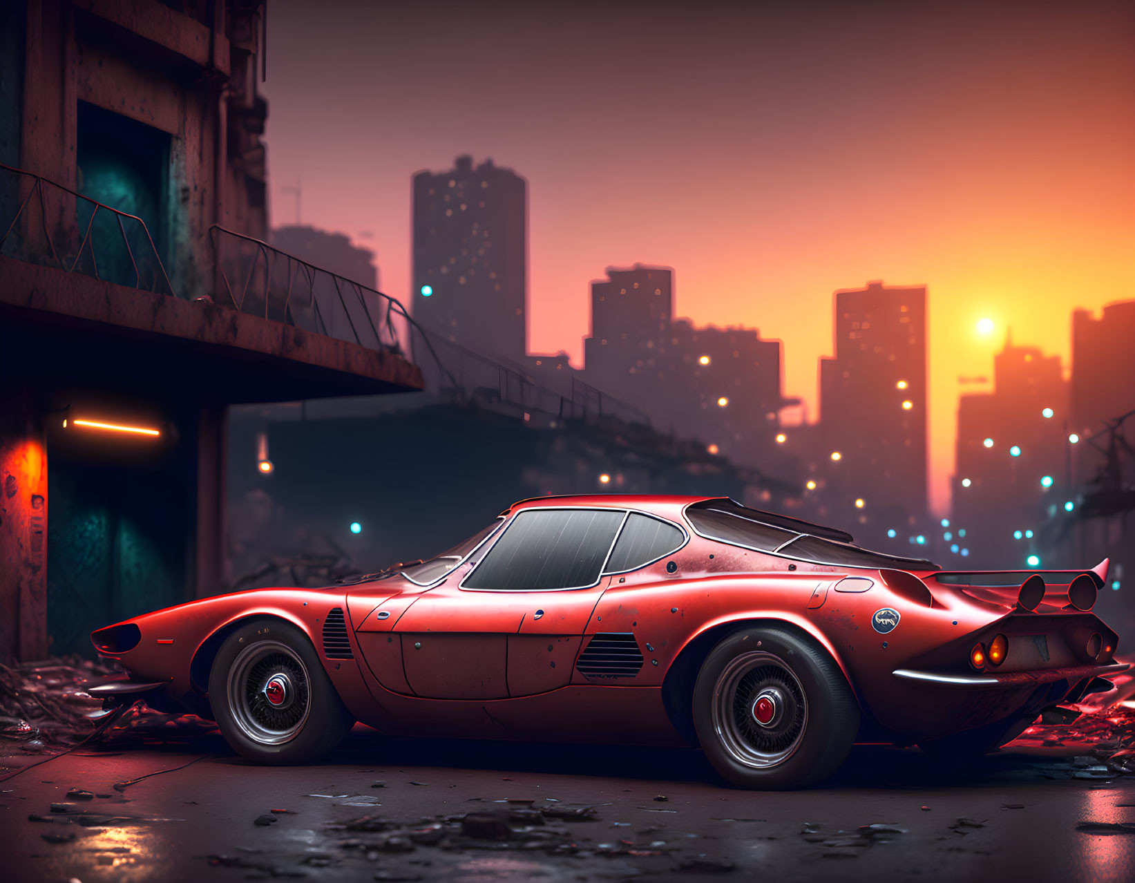 Red sports car parked in urban alley at twilight with city lights glowing