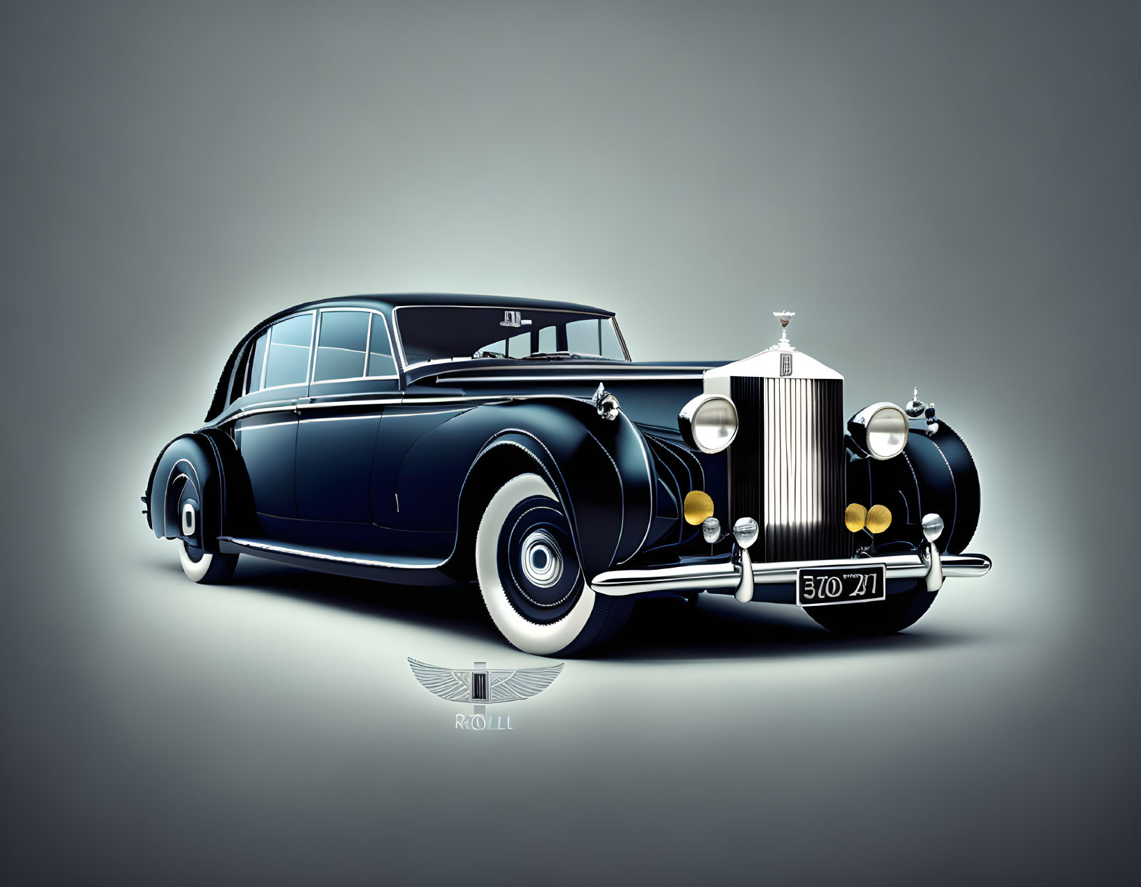 Vintage Luxury Car with Dark Paint, Chrome Grille, Round Headlights, and Whitewall T