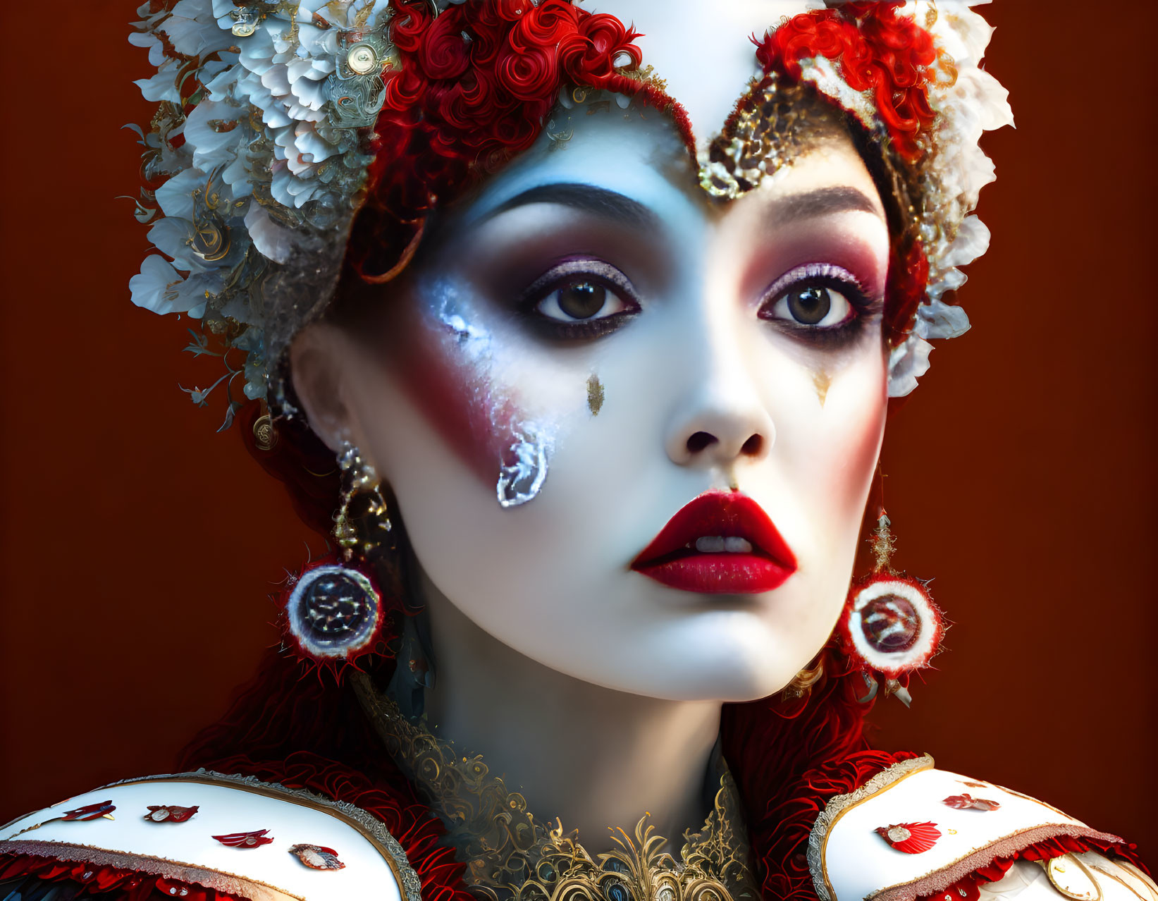 Theatrical makeup woman in red and white headpiece costume against red backdrop