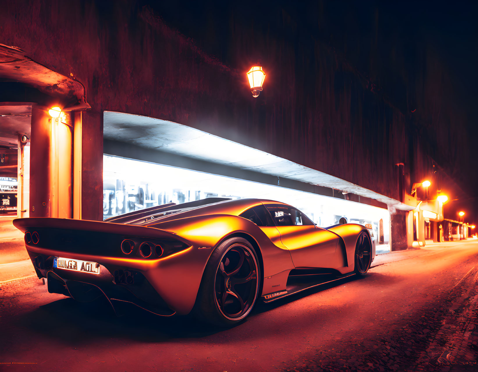 Glowing taillights on sleek sports car in urban tunnel at night