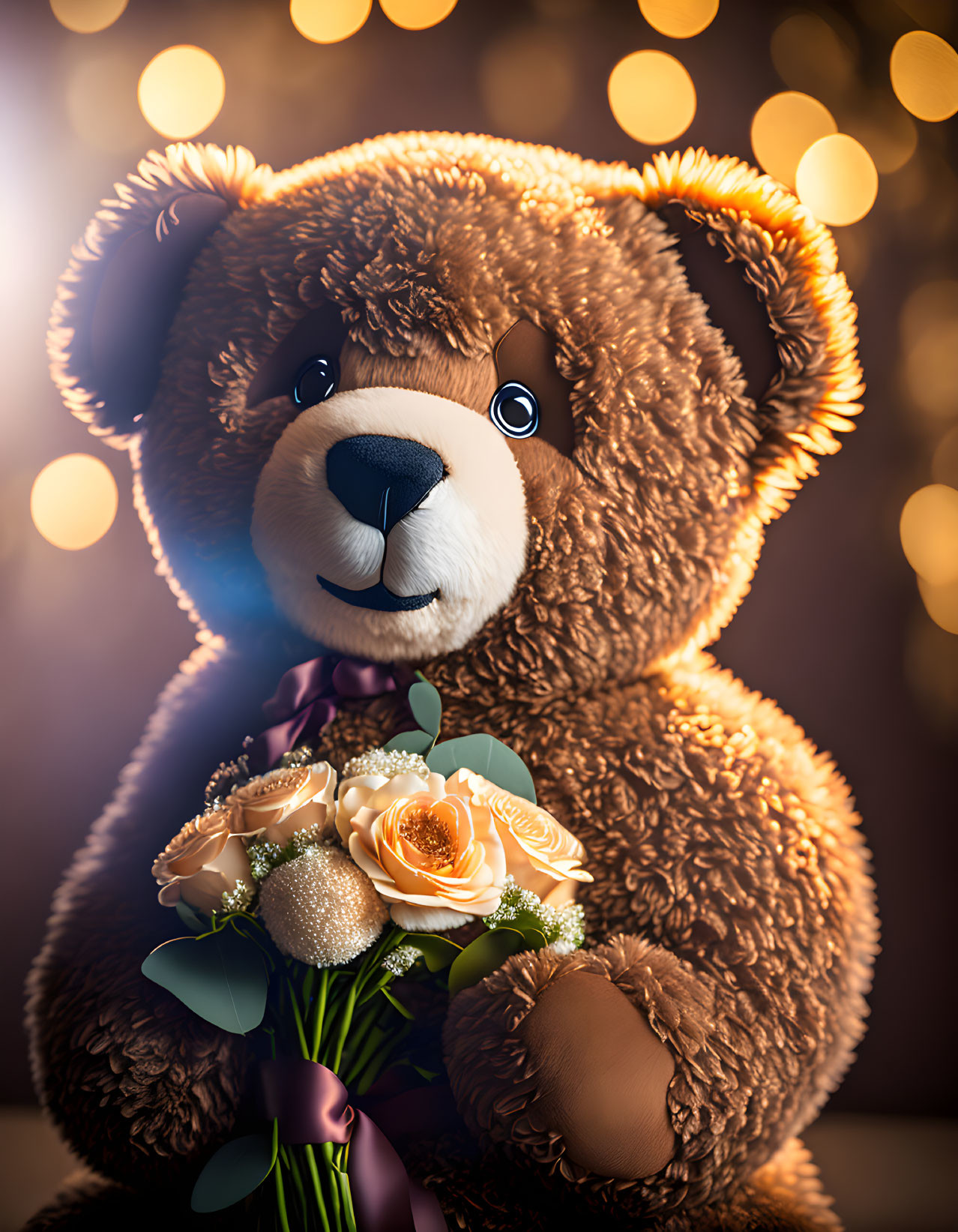 Plush Teddy Bear with Cream Roses on Bokeh Background