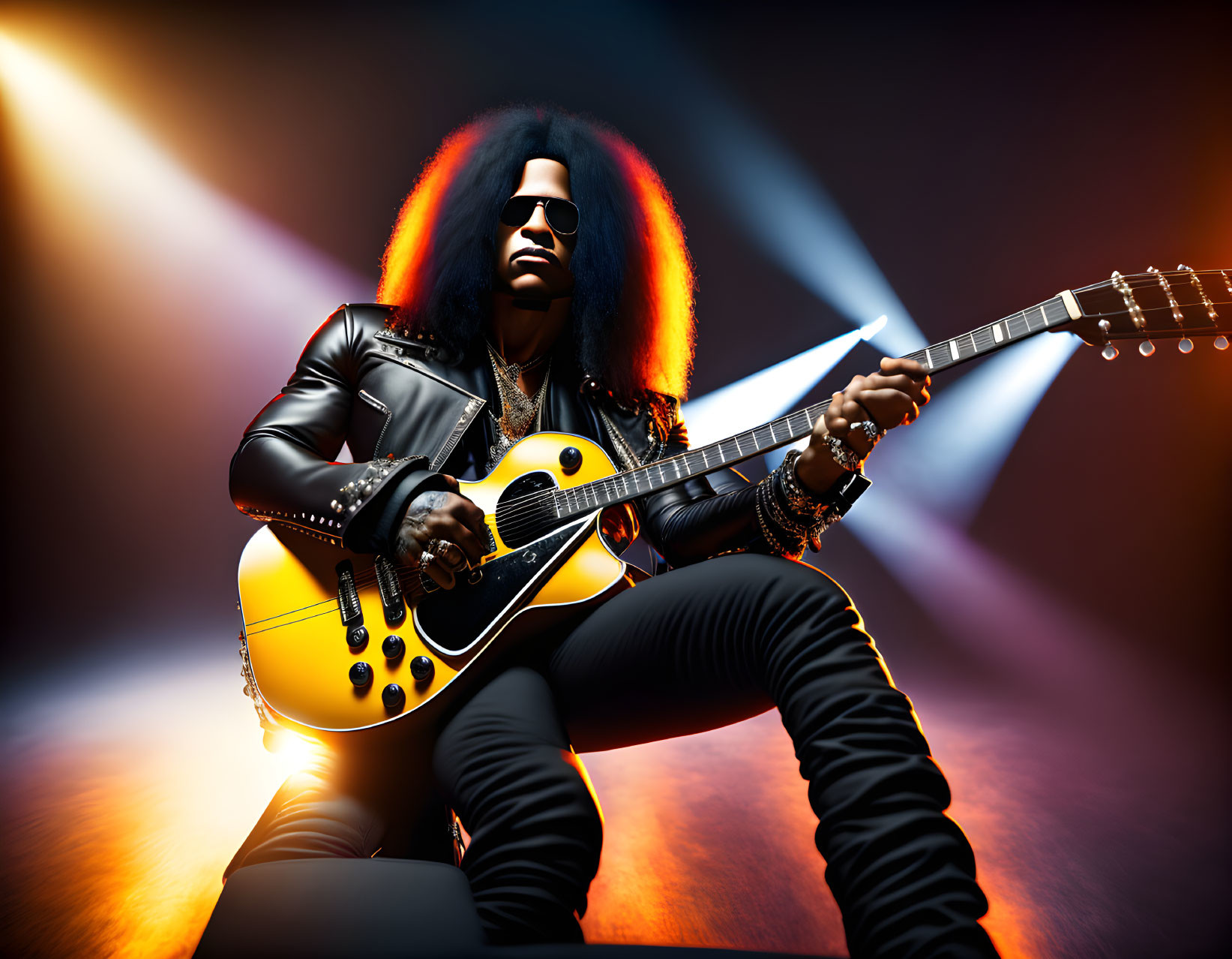 Long-haired guitarist plays yellow electric guitar on stage with dramatic lighting