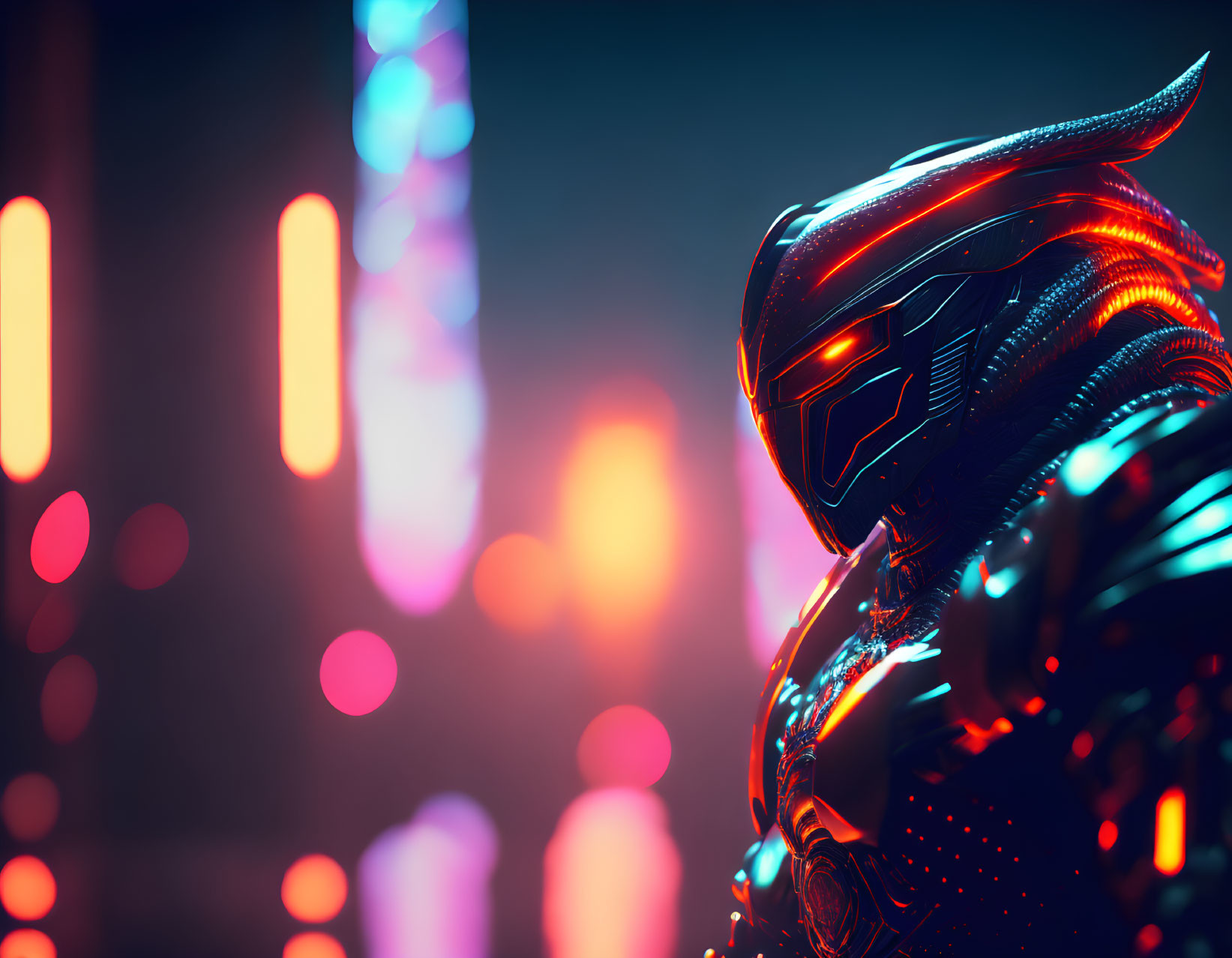 Glowing futuristic armored figure in neon-lit cityscape