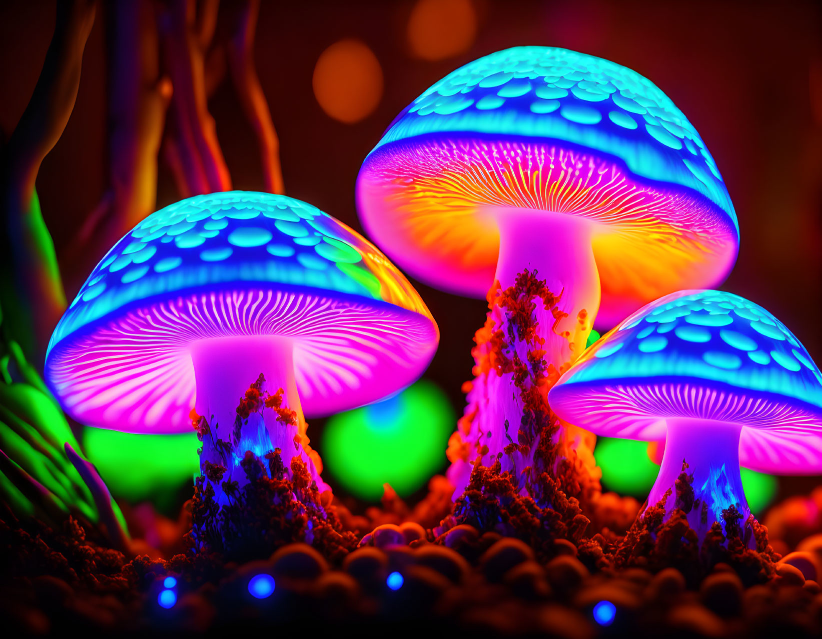 Neon Blue and Green Glowing Mushrooms in Dark Forest Scene