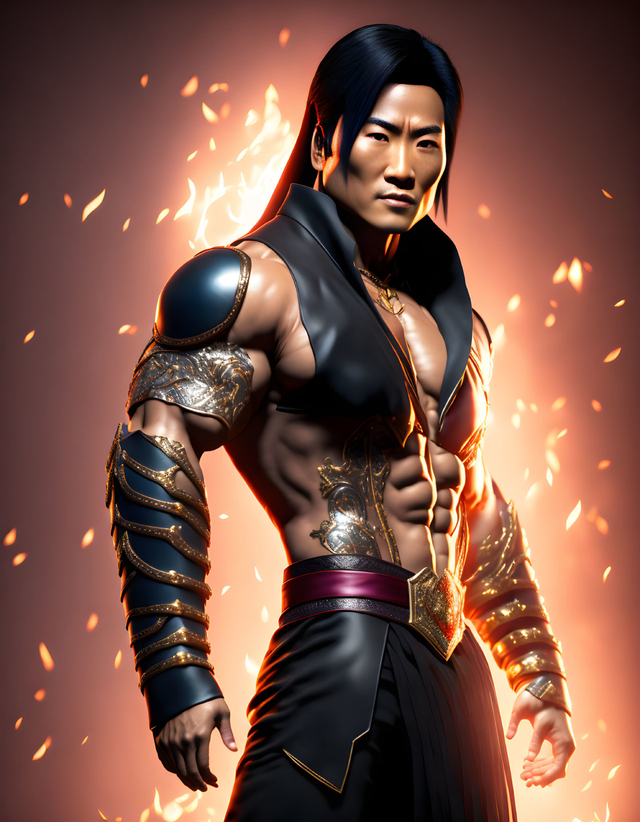 Animated warrior with black hair in arm guards and vest against fiery backdrop.