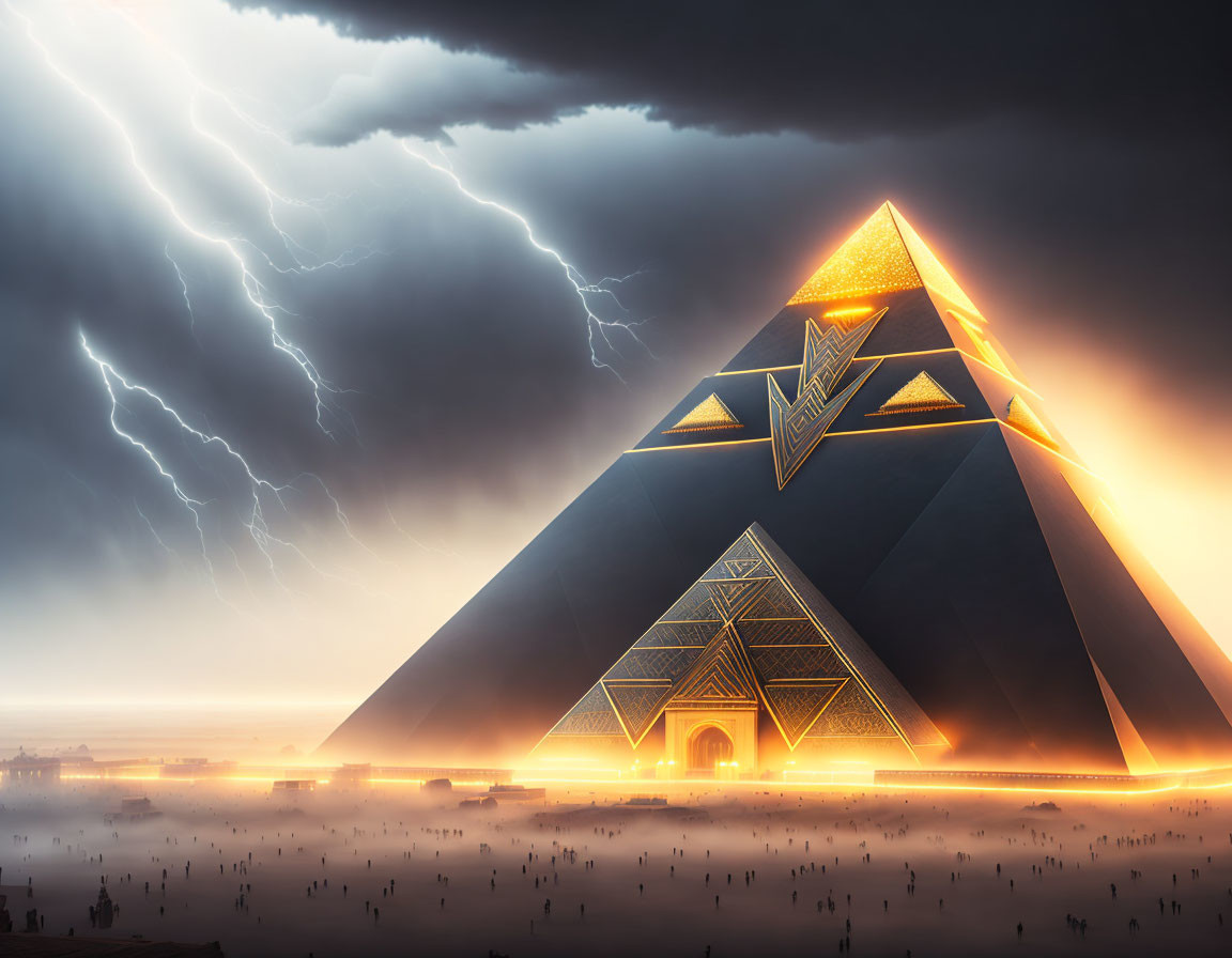 Futuristic glowing pyramid in stormy sky with desert landscape