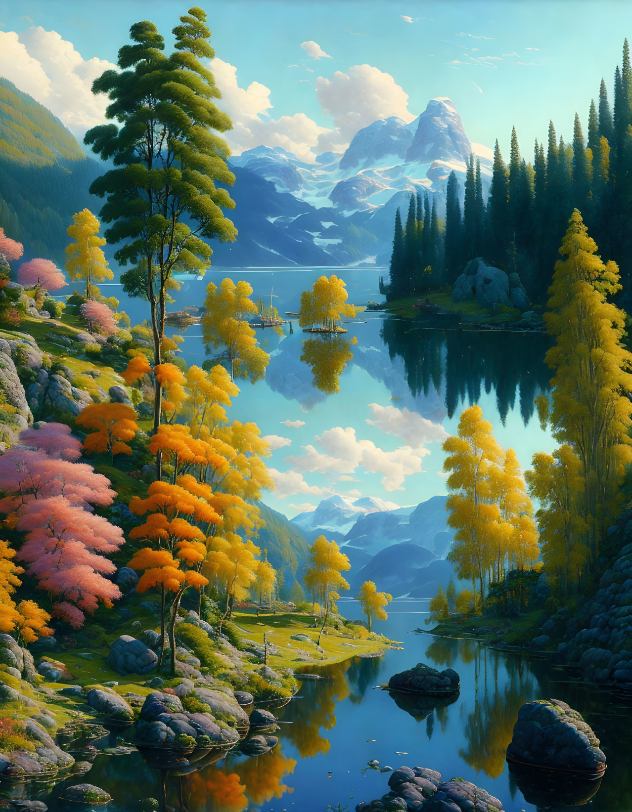 Tranquil lake with colorful trees and snowy mountains