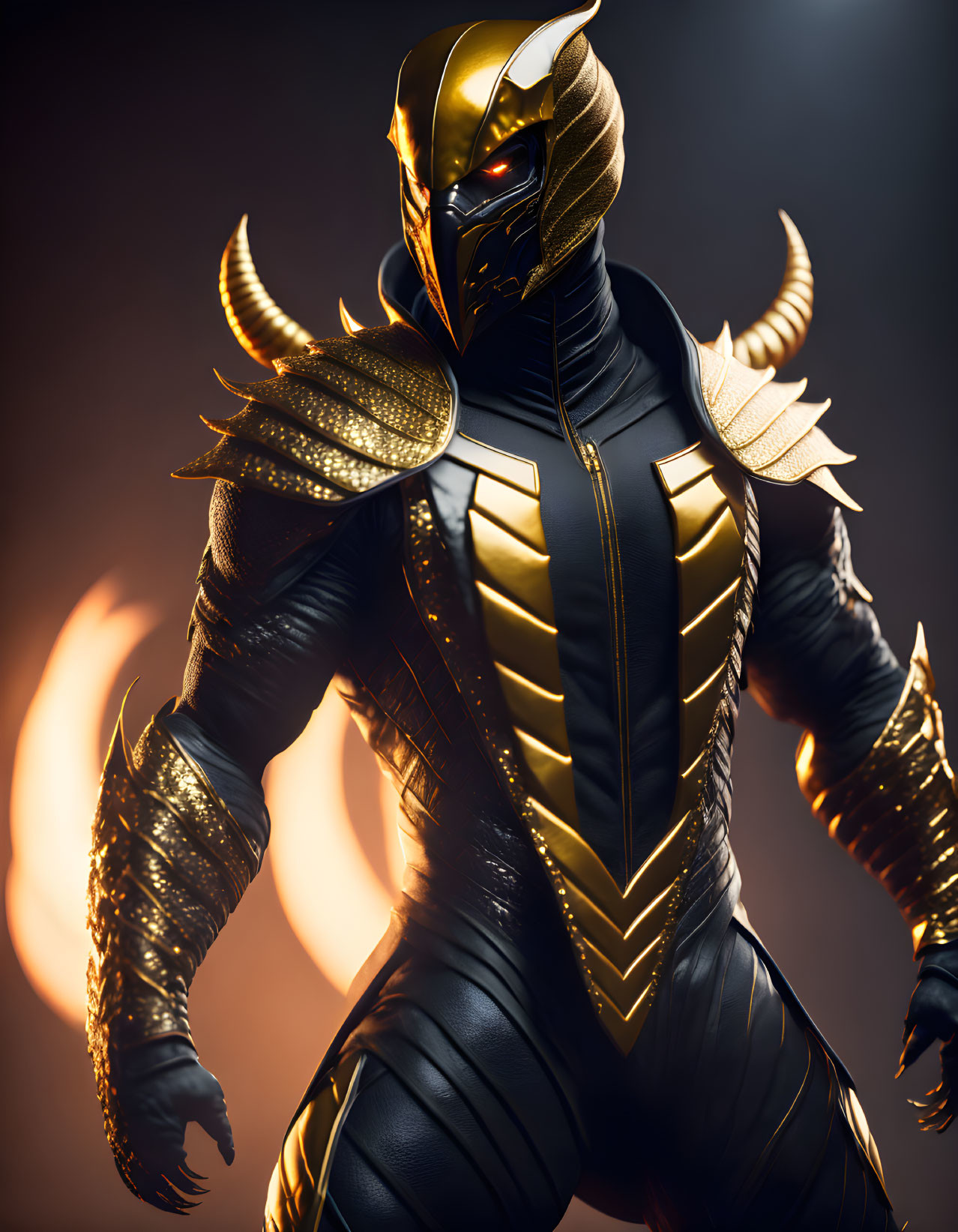 Menacing Black and Gold Armored Figure with Glowing Eyes and Flames