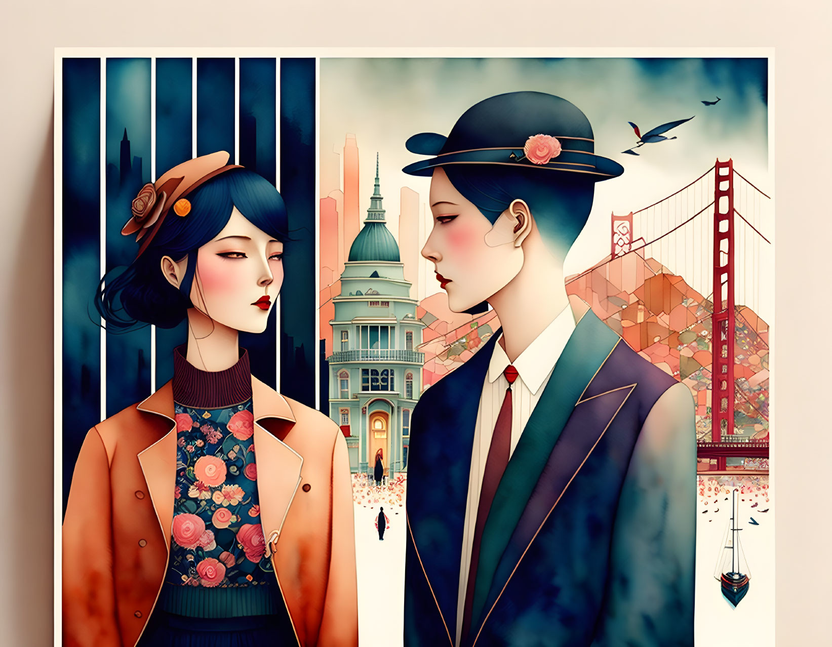 Stylized characters in vintage attire against cityscape backdrop