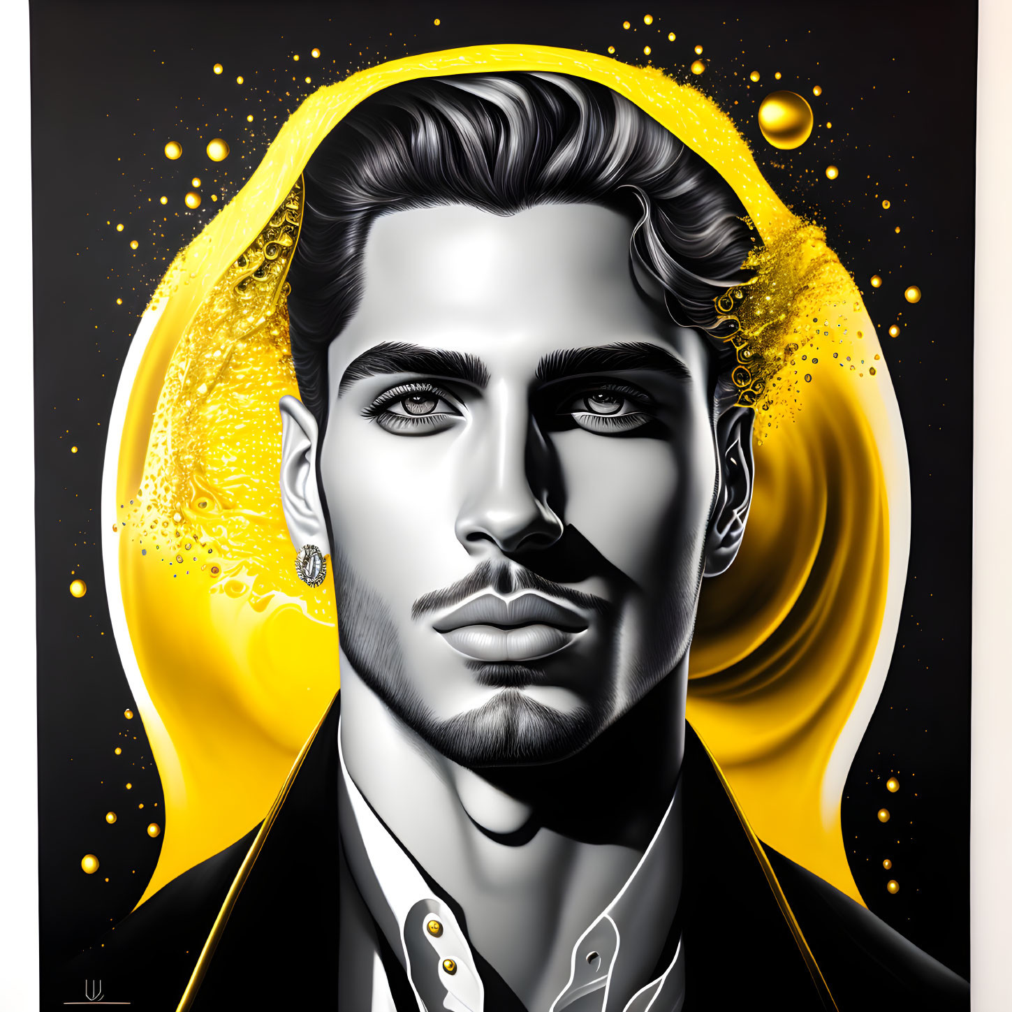 Digital portrait: Man with sharp features, styled hair, gold aura