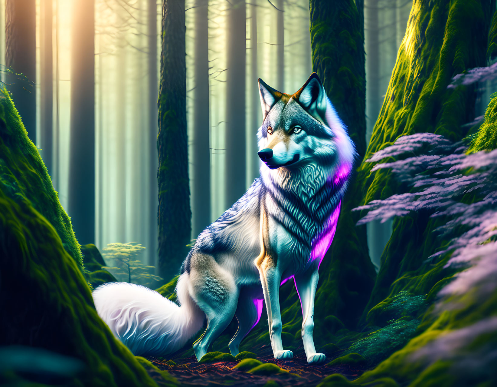 Neon fur wolf in mystical forest under sunlight