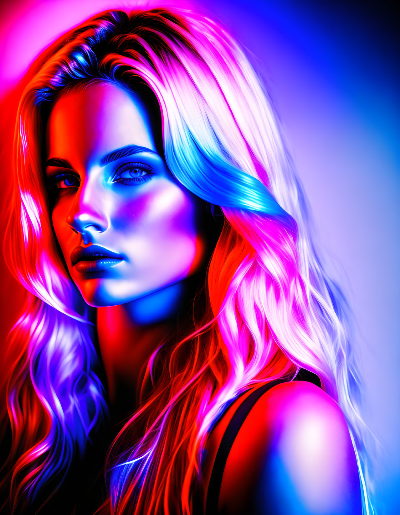 Vivid Blue and Pink Neon-Lit Woman Portrait