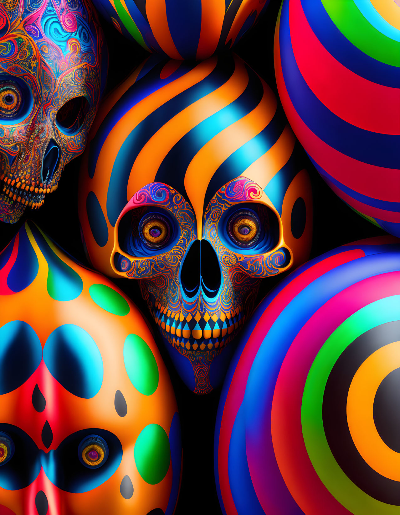 Colorful Skulls and Psychedelic Spheres on Dark Background