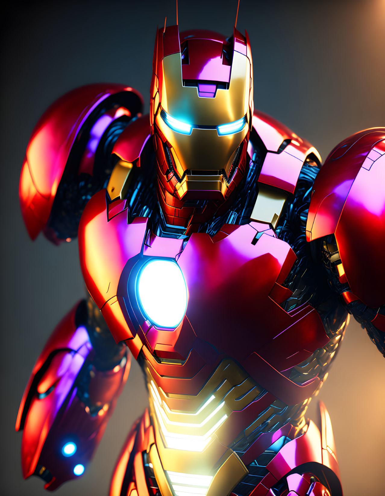 Detailed Close-Up of Red and Gold Armored Suit with Glowing Energy Sources