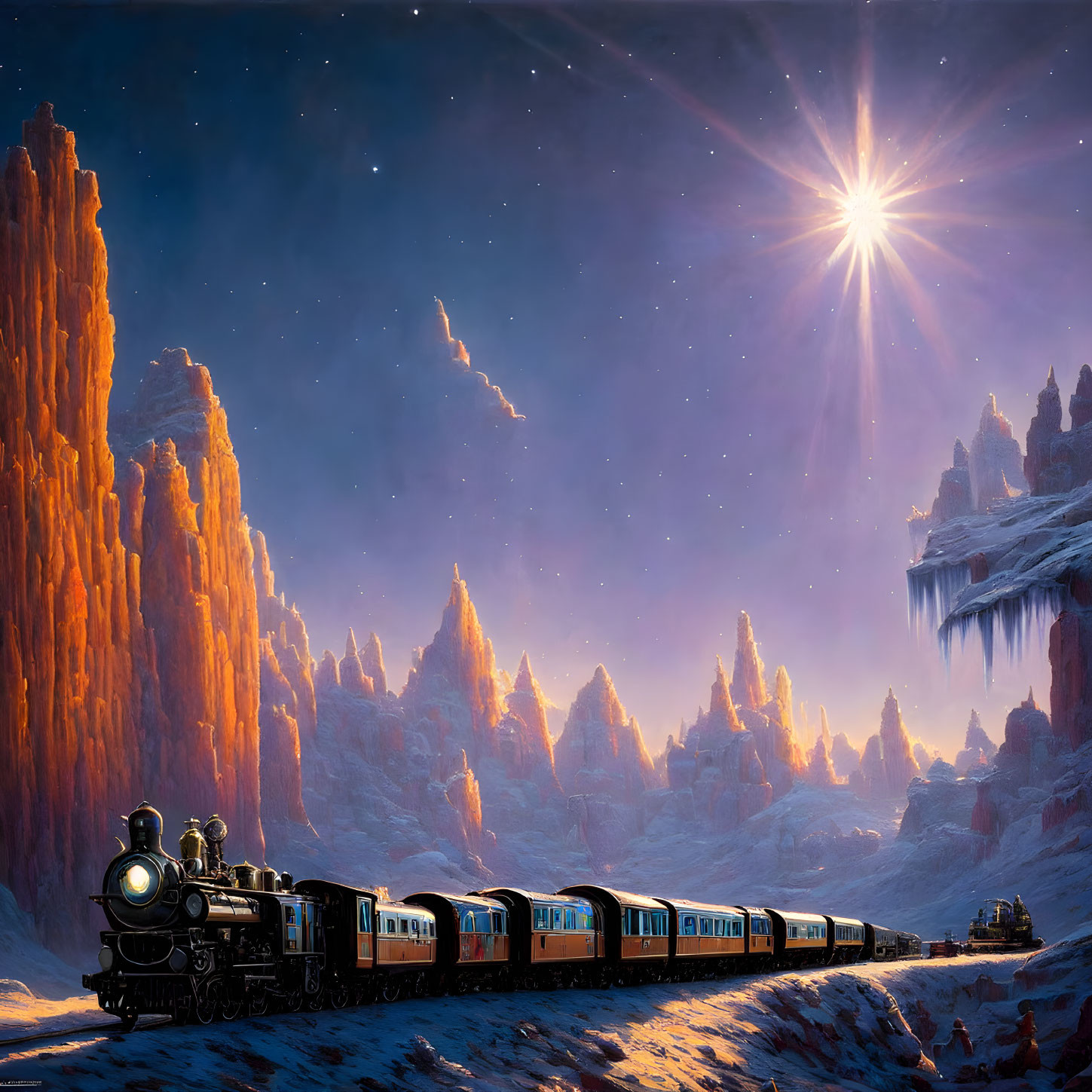 Vintage train journey through icy landscape with red rock formations and starry sky