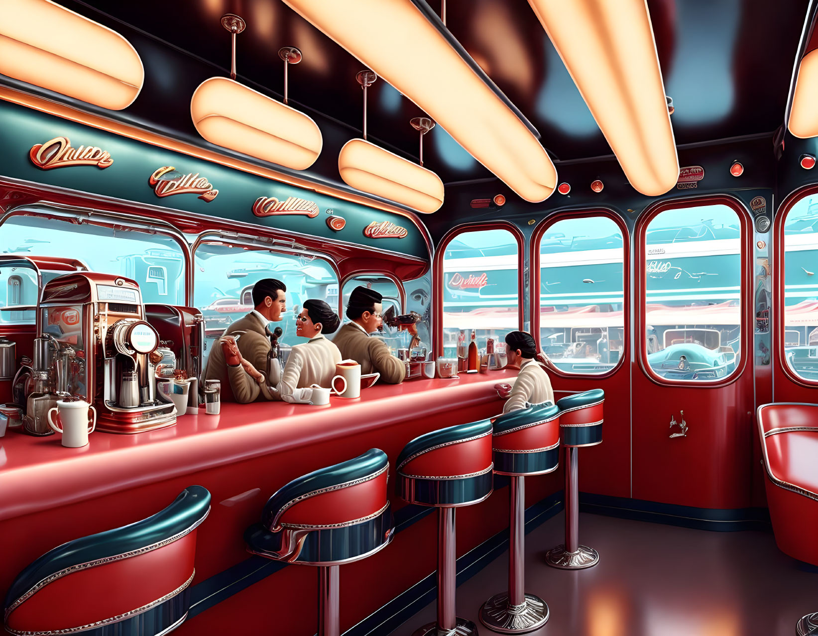 Vintage-style diner with patrons, bar stools, and vintage car view under warm lighting