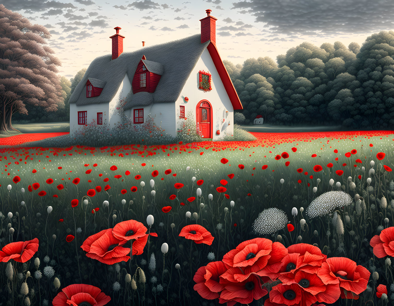 White Cottage Surrounded by Red Poppies and Dandelions