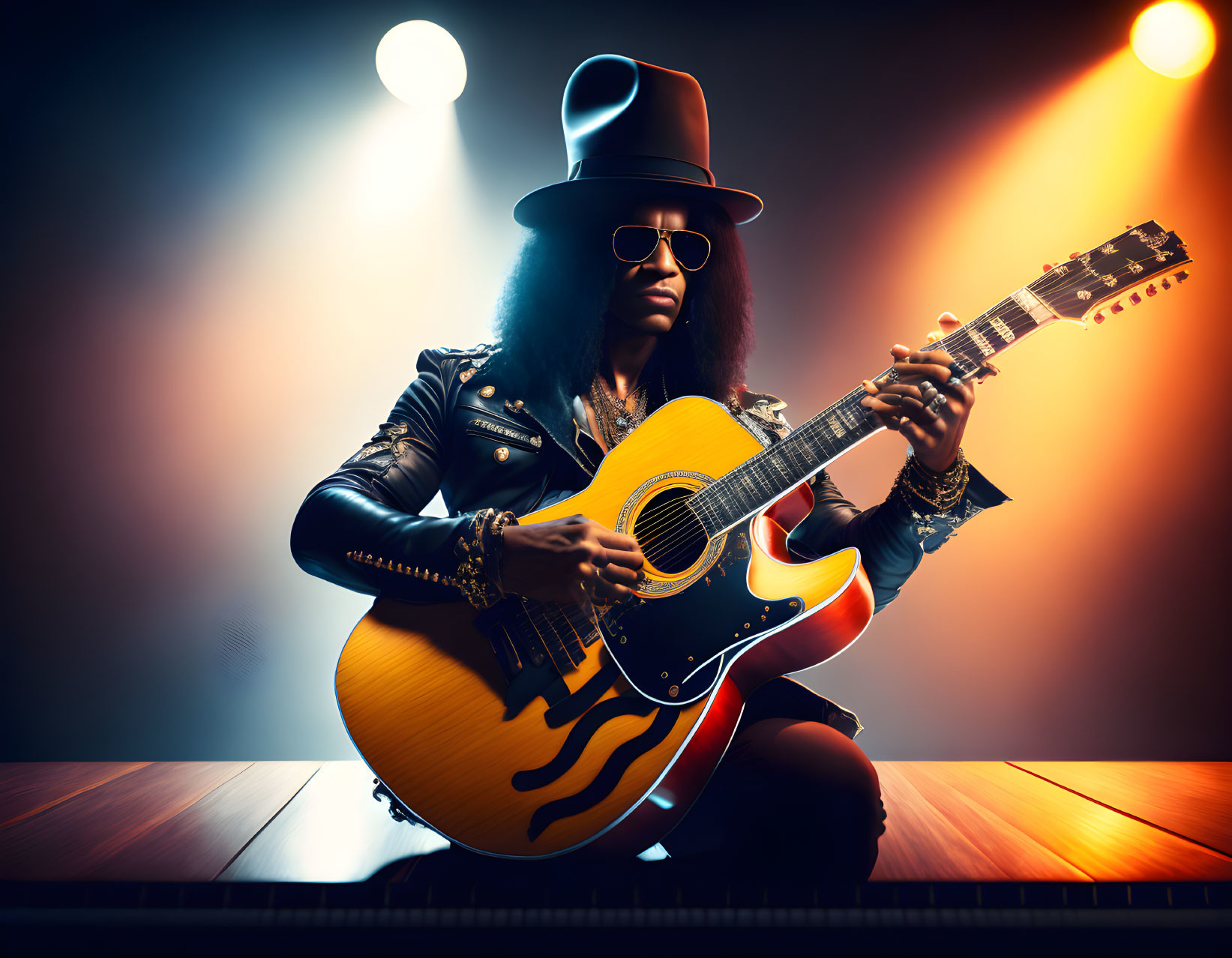 Rock musician in hat and sunglasses playing acoustic guitar on stage with dramatic lighting