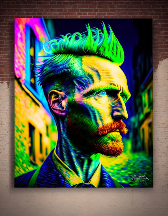 Colorful neon portrait of a classic artist against a brick wall