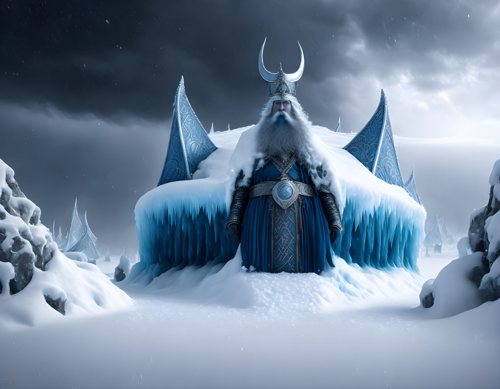 Viking figure in majestic attire amid icy structures under dark sky