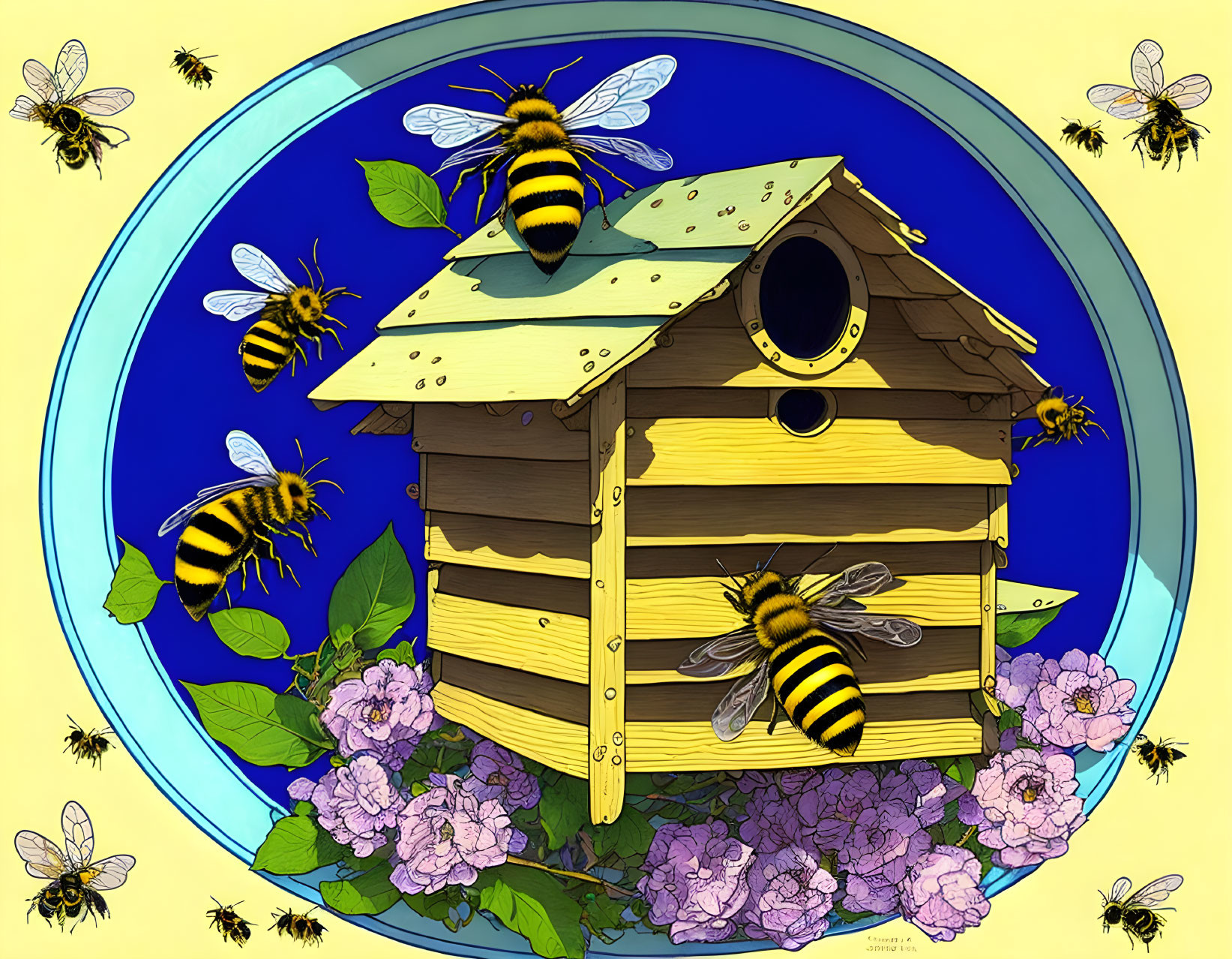 Wooden beehive with bees and pink flowers on blue background.