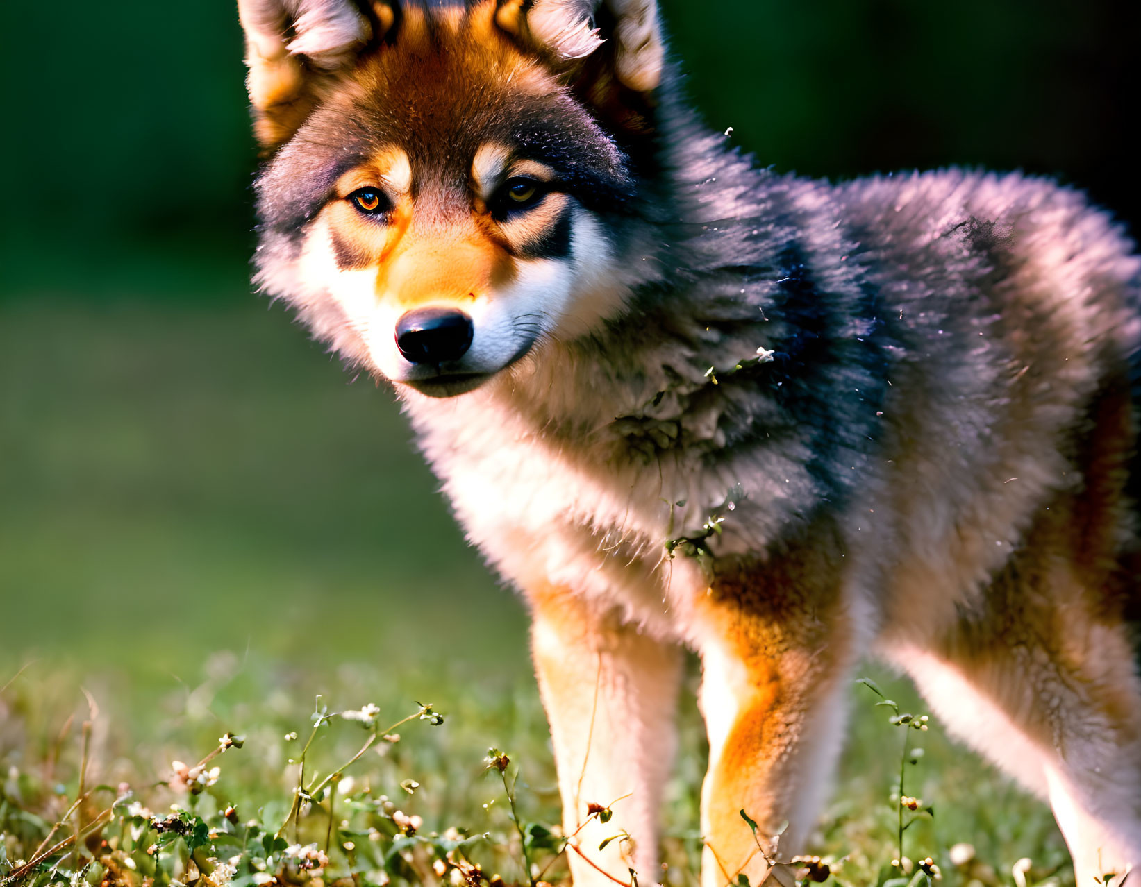 Majestic Alaskan Malamute in Sunlit Field with Foliage