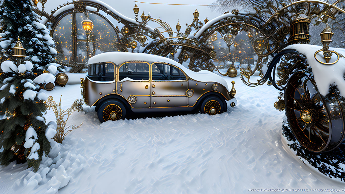 Classic Car in Snowy Scene with Round Windows and Christmas Decorations