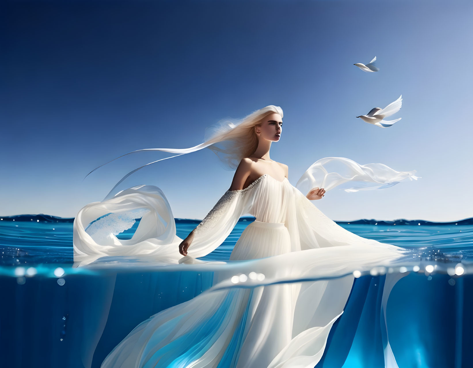 Woman in flowing white dress on water with doves and serene ocean.