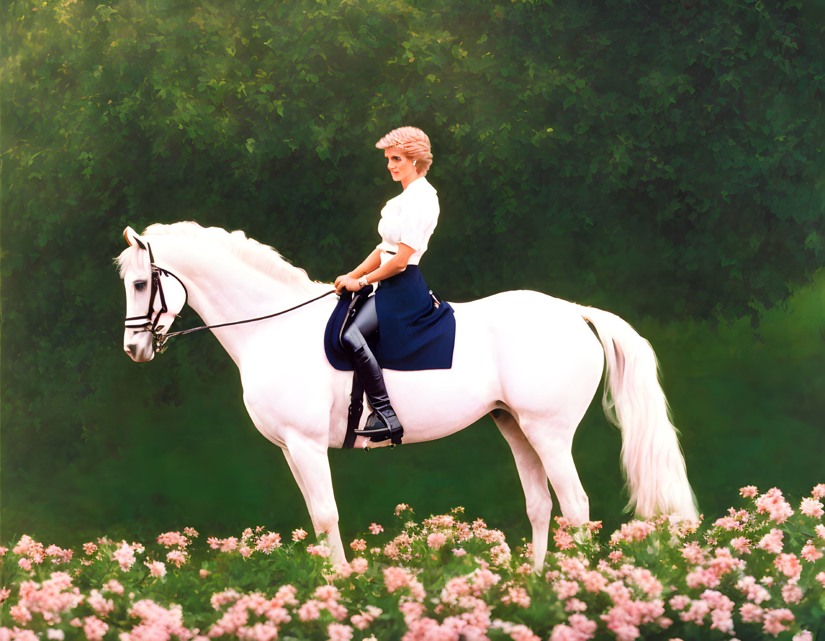 Equestrian in riding attire on white horse among pink flowers