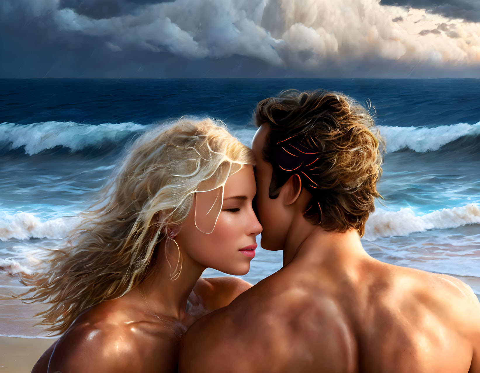 Embracing couple with foreheads touching by stormy sea